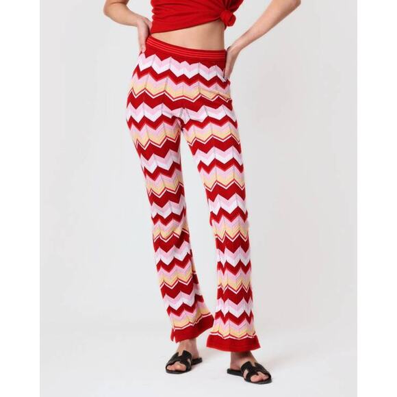 Minnie Rose Chevron Pointelle 1 Shoulder Top in Red Multi Combo S - Picture 2 of 2